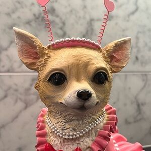 VALENTINES DAY DECOR CHIHUAHUA DOG IN PINK RUFFLE TUTU BOW DRESS & PEARLS